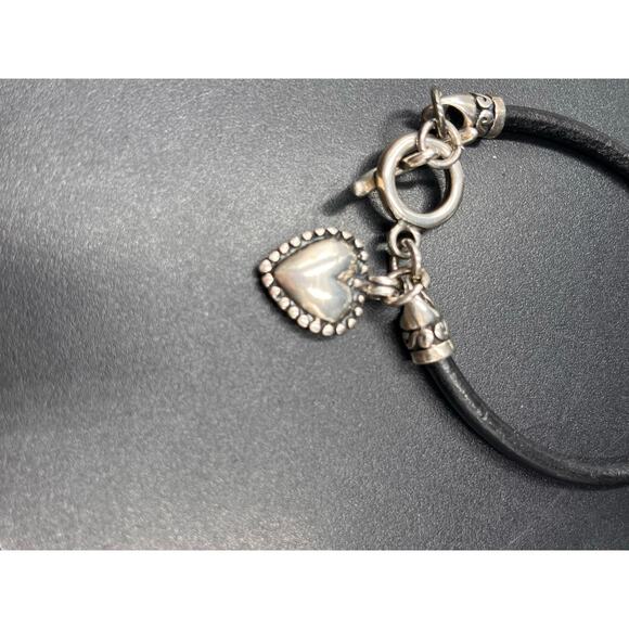 Mexico 925 Sterling Silver Black Leather Toggle Closure Heart Charm Bracelet 8” - Picture 5 of 6